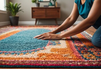 A serene woman practices yoga on a colorful rug, promoting mindfulness and health.