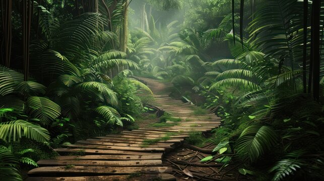 Beautiful rainforest with wooden and leaves landscape. AI generated image