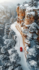 Icy Mountain Road Aerial View, road adventure, path to discovery, holliday trip, Aerial view