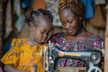 Woman and Child Using Sewing Machine