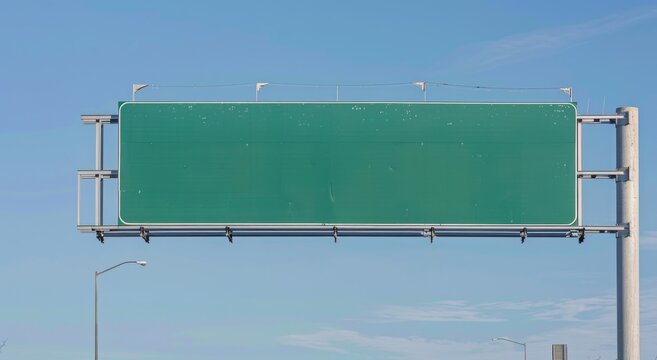 A blank highway sign with no text or graphics on it, hanging over an American three lane superhighway against the blue sky