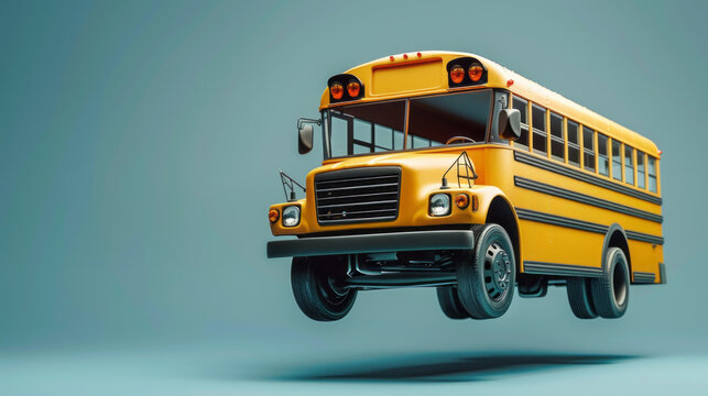 A bright yellow school bus levitating in mid air, with a clean, light gray background to emphasize its vibrant color Studio lighting creates a dramatic spotlight effect Stock photo