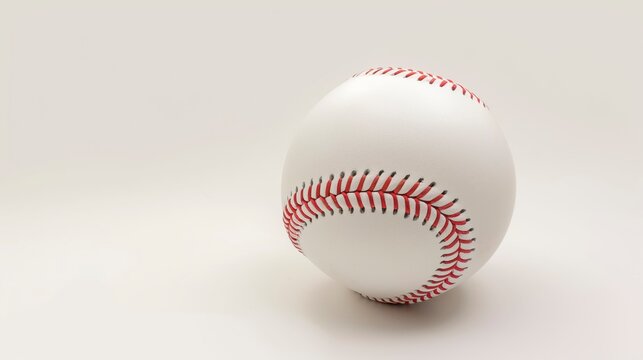 Baseball is sitting on a white background. The ball is white and red. The red stripe is on the outer edge of the ball