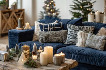 Fototapeta na wymiar Dark blue sofa with grey and white patterned pillows, a wooden coffee table adorned with candles and small Christmas trees