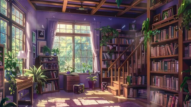 Cozy reading room adorned with abundant books and lush plants inviting literary sanctuary. Seamless Looping 4k Video Animation