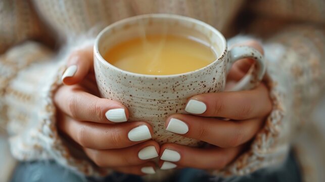 A woman holding a mug with white spots on her fingernails (Leukonychia), likely the result of calcium deficiency or stress.