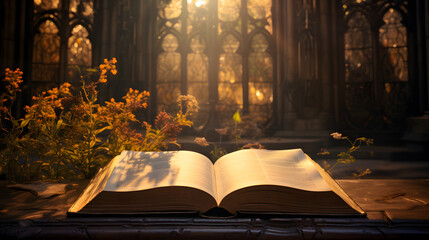 the sun shines down on the bible in front of an old stained glass window
