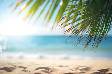 Tropical beach view through palm leaves with golden sand, serene blue ocean, and bright sunlight