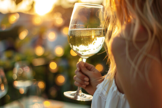Close up image of beautiful woman in elegant summer white dress at sunset with glass of wine.