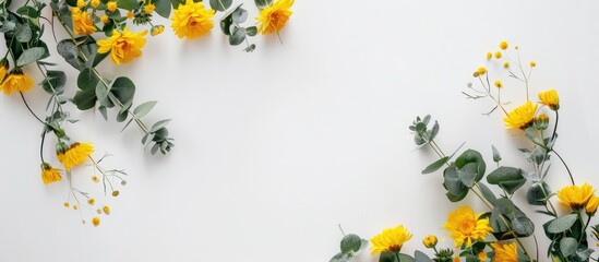 Yellow flowers and eucalyptus branches arranged in a wreath on a white background. Photo taken from above with empty space around. - obrazy, fototapety, plakaty