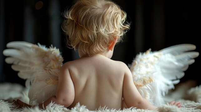 Angry baby angel, back view, selective focus