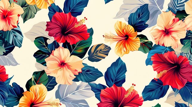 Fototapeta abstract multicolor a solid hibiscus blooming flowers motif arrangement with medium tone, all over vector design with cream background illustration digital image for wrapping paper or textile printing