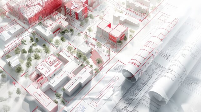Detailed urban planning blueprint, architectural technical drawing concept illustration with precise lines and measurements, representing city development and construction projects