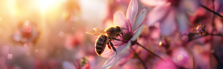 Fliegende Bienen bei der Arbeit - Flying honey bee collecting pollen at yellow flower. 