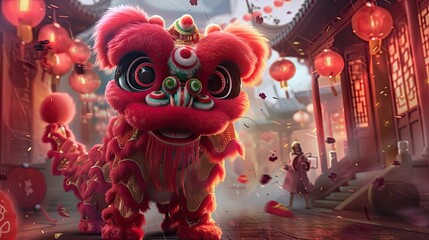 china's red fluffy cute dragon festival, in the style of dark emerald and light crimson, carnivalcore, hyper-realistic urban, petcore, bold chromaticity, manticore, historical subjects