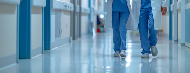 Healthcare Professionals Walking Through Hospital Corridor