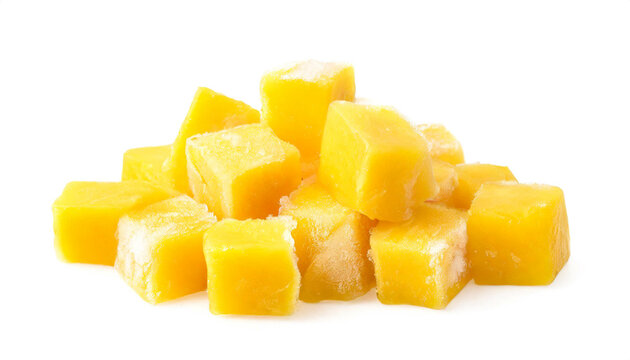 tiefk&uuml;hl Mango st&uuml;cke in form gew&uuml;rfelt isoliert auf wei&szlig;en Hintergrund, Freisteller 