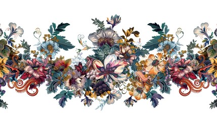 beautiful digital textile design composition with baroque ornament element ethnic motif digital border neckline design paisley natural flower bunch botanical flowrs  ,Generative ai
