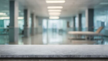 Urban Healthcare Atmosphere: Abstract Blurred Hospital Background with Concrete Tabletop