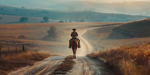 A cowboy in traditional attire rides a horse on a country road in the Wild West: A classic scene. Concept Western Theme, Cowboy Lifestyle, Horseback Riding, Wild West Aesthetic - obrazy, fototapety, plakaty