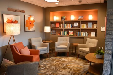 A cozy reading corner with armchairs and a bookshelf, conducive to relaxation and intellectual activity, psychotherapy group. Concept: home interior, comfort, reading, psychologist, coach, training