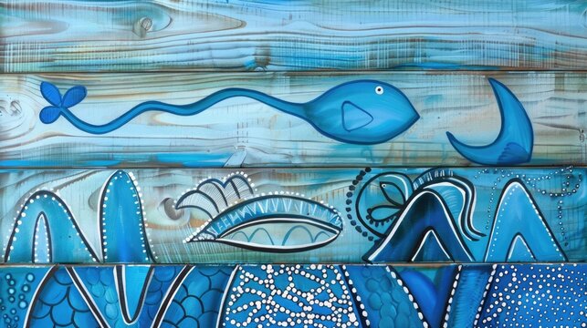 painting on wood featuring blue fish swimming amidst waves. 