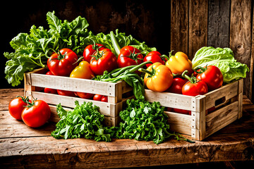 Fresh vegetables in a wooden box on a rustic wooden background.