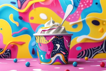 a whimsical frozen yogurt cup with a dynamic, colorful abstract background