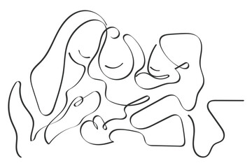 Hand drawn line art vector of Mothers day. Art shows one grandma mother and little daughter. Celebrate motherhood and its beauty. Three generations together.
