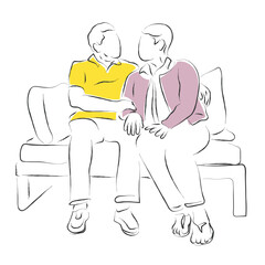 Hand drawn line art vector of Old couple. Healthy aging and healthy relationship. Grow old together. Psychology of Marital bliss. Elderly health