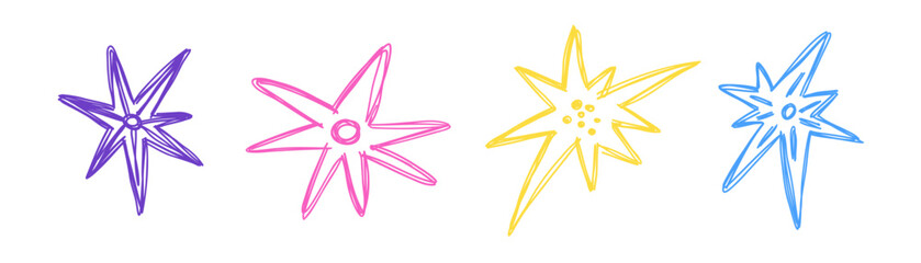 Set of doodle stars with texture drawn by hand. Vector simple illustration. - obrazy, fototapety, plakaty