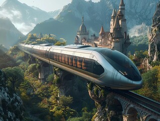 Trains propelled by magnetic levitation, revolutionizing transportation in an age of horsedrawn carriages and footpaths, 8K - obrazy, fototapety, plakaty