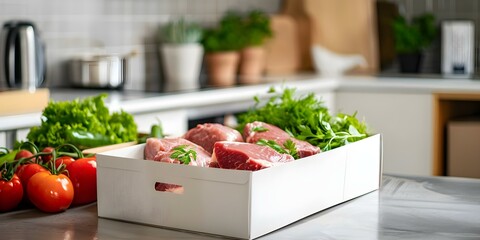 Food delivery service during pandemic box with meat and vegetables on kitchen counter. Concept Food Delivery, Pandemic, Meat, Vegetables, Kitchen Counter - obrazy, fototapety, plakaty