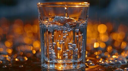   A glass with water sits atop a table alongside a collection of water droplets