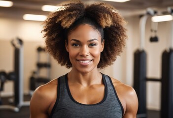 A cheerful woman smiles in a fitness center, taking a break from her workout routine.