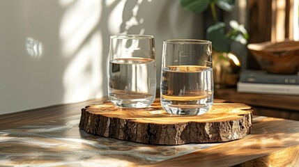   Two glasses of water sit atop a wooden table alongside a book and a potted plant - obrazy, fototapety, plakaty