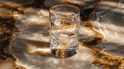   A glass of water perched atop a golden and silver-flecked marble table