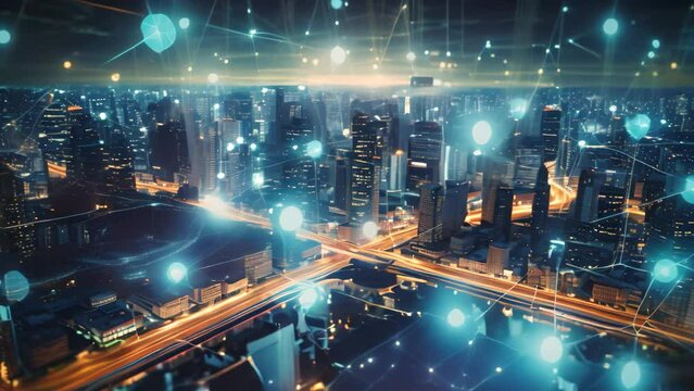 Cityscape With Connected Lines and Dots, Modern Urban Network Infrastructure, An abstract digital technology background showcases the global network connection concept in 3D rendering, AI Generated