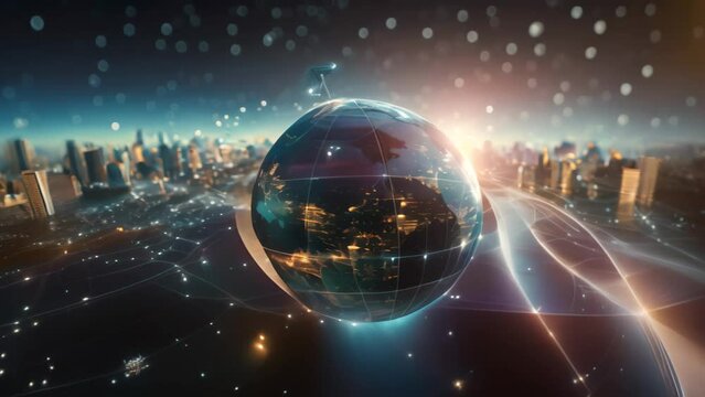 An image of a globe with lines and dots encircling it, An abstract digital technology background showcases the global network connection concept in 3D rendering, AI Generated