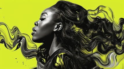   A woman with flowing hair against a yellow-swirled background