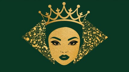   A woman wearing a golden crown on her head against a green backdrop with golden specks