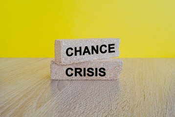 Crisis or Chance symbol. Brick blocks with words Crisis and Chance. Beautiful yellow background, wooden table. Mindset is important for human development concept.