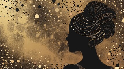   Profile portrait of woman on golden-black background with dotted circles - obrazy, fototapety, plakaty