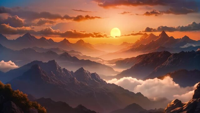 A breathtaking painting capturing the beauty of a sunset casting vibrant hues over a majestic mountain range, Glorious sunrise over the mountains, AI Generated