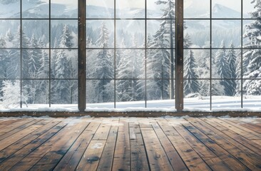 Large window with view of snow covered forest, wooden floor, and winter scene