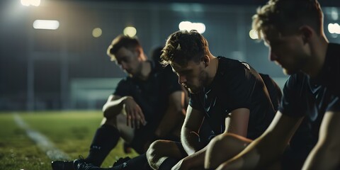 Disheartened soccer players in black kit look defeated after losing a match conveying disappointment in a stadium setting. Concept Sports, Soccer, Defeat, Disappointment, Stadium