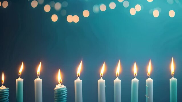 An image of a collection of lit candles arranged on a table, Happy birthday candles are arranged on a blue background with copy space for text, AI Generated