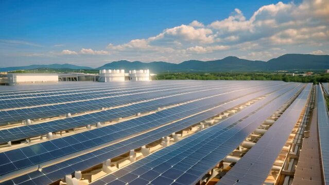 Large Solar Power Plant With Mountains in Background, he tendency to take advantage of the free roofs of industries to place photovoltaic panels to reduce business electricity costs, AI Generated