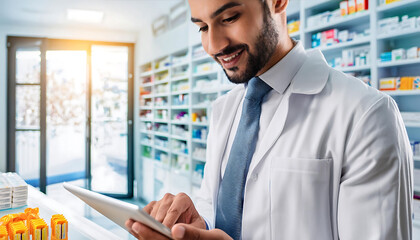Naklejka na ściany i meble pharmacist uses a digital tablet computer, checks availability