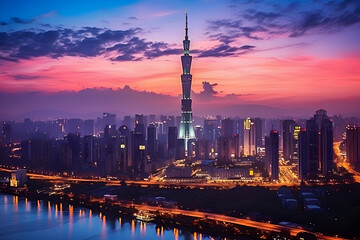 Fototapeta na wymiar Splendid Evening Silhouette of Guangzhou (GZ) City Skyline Including the Iconic Canton Tower